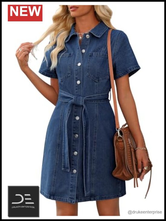 Dresses & Skirts - Denim Shirt Dress Button Down Drawstring Waist Short Sleeve Above Knee